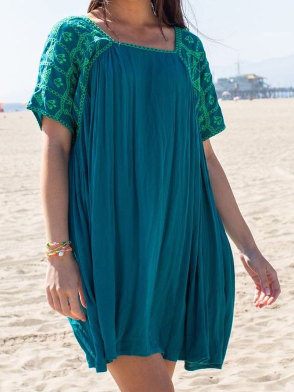Natural Life Teal Embroidered Mini Shift Dress Size XS/S Boho Beach Flowy